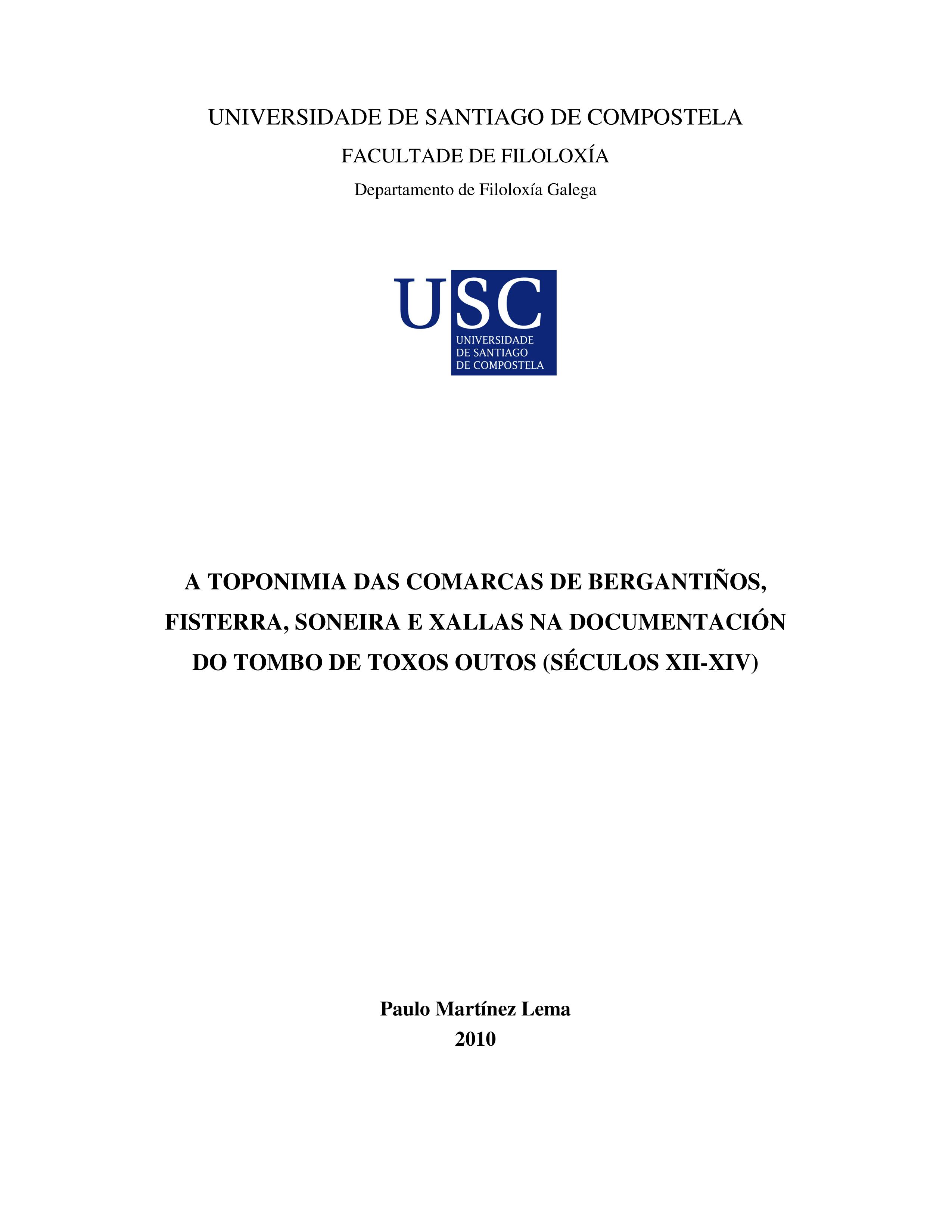 A toponimia das comarcas de Bergantiños, Fisterra, Soneira e Xallas na documentación do Tombo de Toxos Outos
